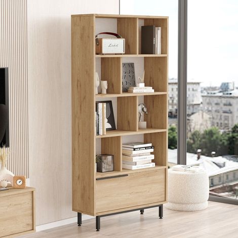 Bücherregal Seneghe, Bibliothek 8 Böden, 1 Tür, freistehend, 84x30x176h cm, Braun Eiche (1/5)