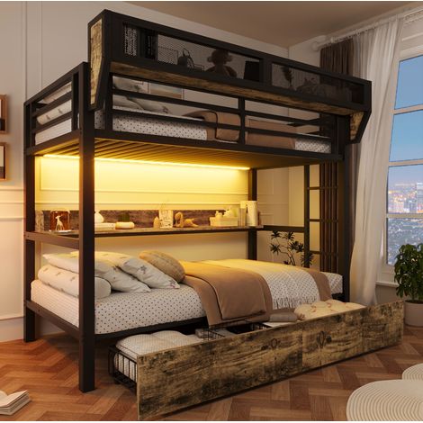 REDOM - Lit superposé 90x200 cm avec étagère - panier de rangement - 2 tiroirs en métal - MDF et métal - noir (Sans matelas) (1/5)