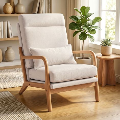 Fauteuil salon, fauteuil d'appoint rembourré en lin avec large assise, support lombaire, haut dossier, 64x86x93cm, crème (1/5)