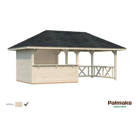 Kiosque de jardin Bianca 16,6 m² – Épicéa non traité – Dimensions extérieures 588 x 300 cm – Hauteur 319 cm – 4 comptoirs interchangeables – Palmako (1/3)