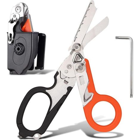 6-in-1 Multifunktions-Traumaschere – Überlebensschere – Traumaschere – Sicherheitsgurtschneider – Klappschere mit Scheide – Schneidwerkzeug – Orange und Schwarz