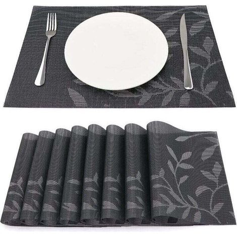 Set of 8 heat-resistant and durable vinyl placemats, fabric kitchen mats, 45 cm x 30 cm, dark leaves (1/5)