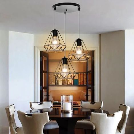 E27 Lampe Suspension Luminaire Industrielle Salon Lustre Plafonnier en Cage Diamant Style Vintage pour Salon Chambre (1/4)