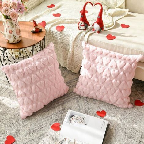 Set of 2 decorative heart-shaped cushion covers in soft jacquard faux fur - 45 x 45 cm - For sofa - Pink