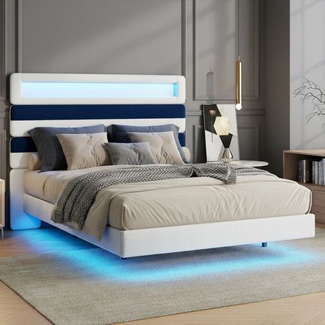 Cama 140x190 con somier, marco de cama flotante con cabecera acolchada ajustable, cama para 2 personas con luces LED y USB