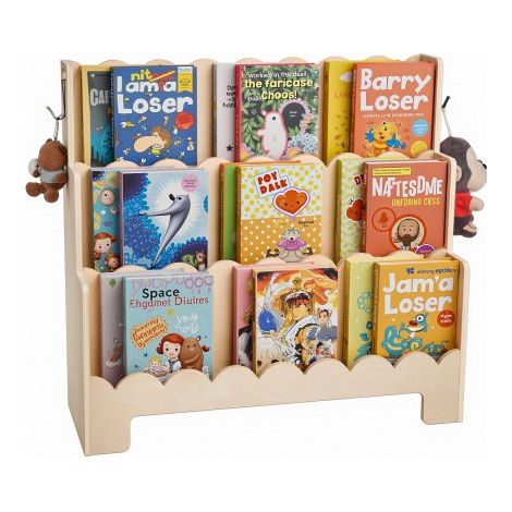 Montessori Bücherregal 3-stöckiges Kinderbücherregal mit Wellenschliff, nach vorne gerichtetes Büchergestell mit Doppelhaken, Babybücherregal Kinderzimmerregal für Vorschule Kindergarten (1/5)