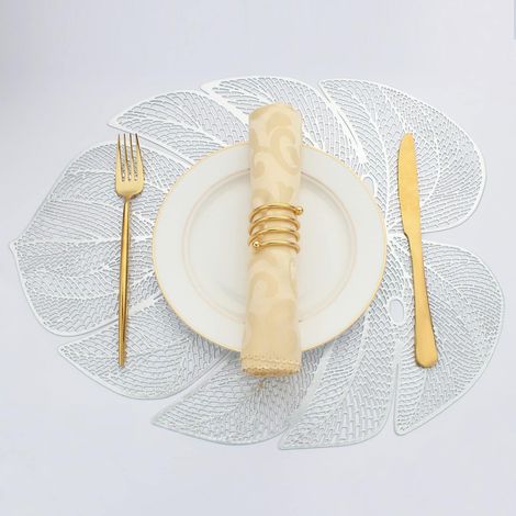 Lot de 8 sets de table en vinyle en forme de feuille pour table de salle à manger, set de table en plastique métallique facile à nettoyer, argenté, 45 x 35 cm'Set of 8 Argenté'Argenté'Set of 8 (1/5)