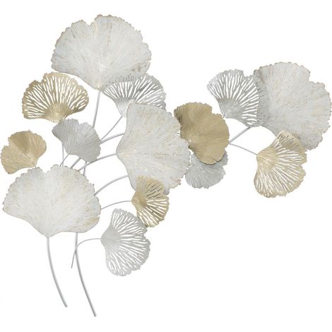 Pannello decorativo da parete Silvy con foglie di ginkgo in ferro bianco e oro 85x113 cm