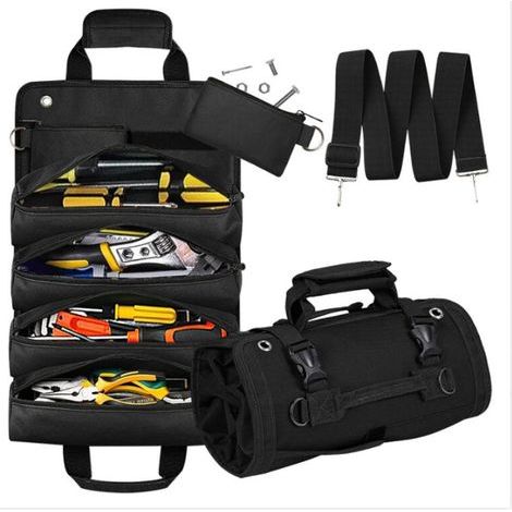 (Noir)Sac à Outils, Petite Boîte à Outils Enroulable, Organiseur à Outils Robuste, Avec 2 Pochettes à Outils Amovibles, Cadeau Approprié Pour Père, Mari, Petit Ami, Grand Père (1/5)