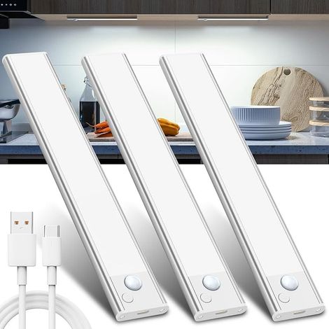 Schrankbeleuchtung Unterbauleuchte Küche Led Bewegungsmelder - 20CM Weiß 3 Stück Kabellos Unterschrank Lichtleiste mit USB Aufladbar Akku Unterbau Küchen Beleuchtung für Kleiderschrank Unterschrank (1/5)