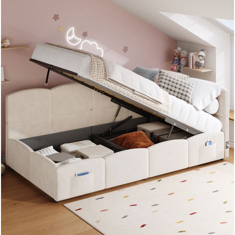 Lit coffre 90 x 200 cm capitonné en tissu beige avec USB et rangement hydraulique, gain de place et confort (1/5)