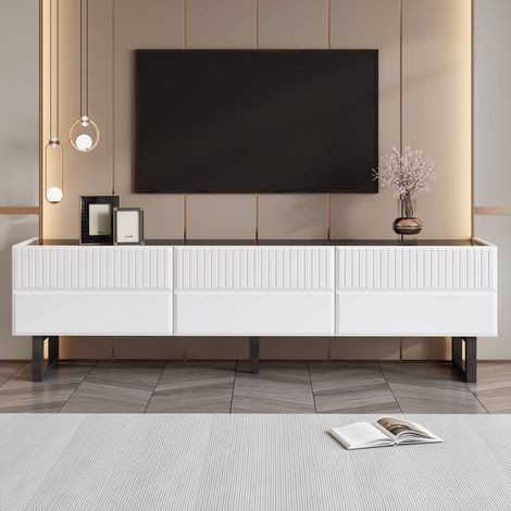 Meuble TV 170 cm, banc TV moderne avec 3 tiroirs à rainures, plateau brillant et pieds en métal, MDF et PB, blanc (1/5)