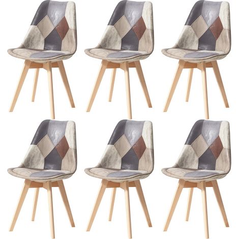 Wokaka Lot de 6 Chaises - Lin - Pieds en Hêtre Massif - Chaises Rembourrées Design Vintage Patchwork Multicolore(brun)
