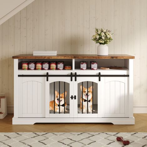 Cage pour chien style meuble TV 153x60x85 cm, porte coulissante avec serrure, cloison amovible, plateau marron vintage/blanc (1/5)