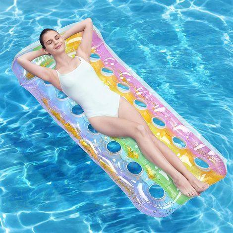 Flotteurs gonflables de Piscine pour Adultes avec appuie-tête Confortable et Trous de débit d'eau, transat Gonflable à Paillettes Arc-en-Ciel pour Piscine, Bronzage, Plage d'été (1/4)