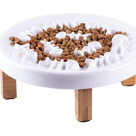 Comedero antitragantamiento para perros y gatos, cuenco grande de cerámica con soporte de madera, dispensador interactivo de croquetas con inserto en forma de espina de pescado