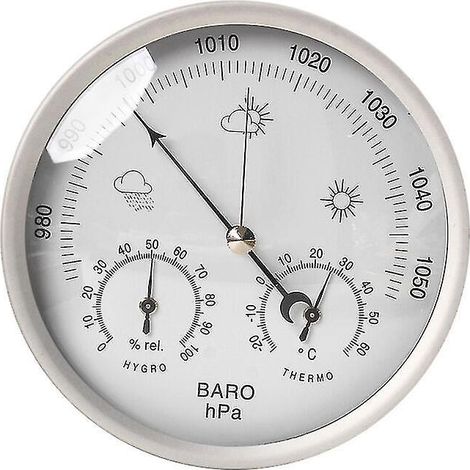 Station météo analogique - Cadre en acier inoxydable - Baromètre, hygromètre, thermomètre (Blanc) (1/5)