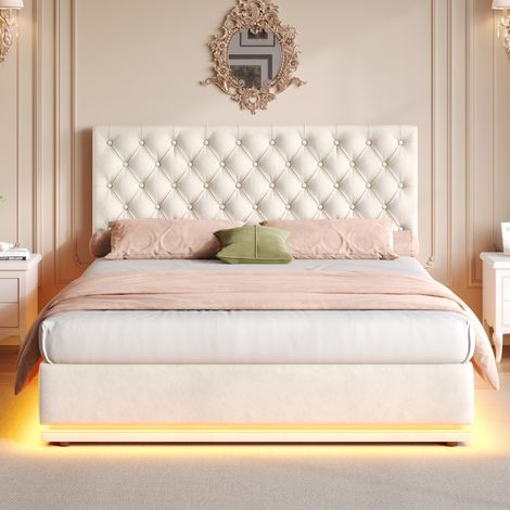 Double Ottoman Bed with LED Lighting,Velvet Upholstered Bed,Manual Button Tufted Adjustable Headboard,Beige
