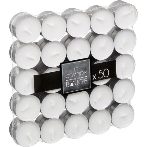 Lot de 50 bougies chauffe-plat en cire – Coupelle en aluminium – Dimensions D. 3,7 x H. 1,8 cm – Couleur blanc – Comptoirdelabougie (1/5)
