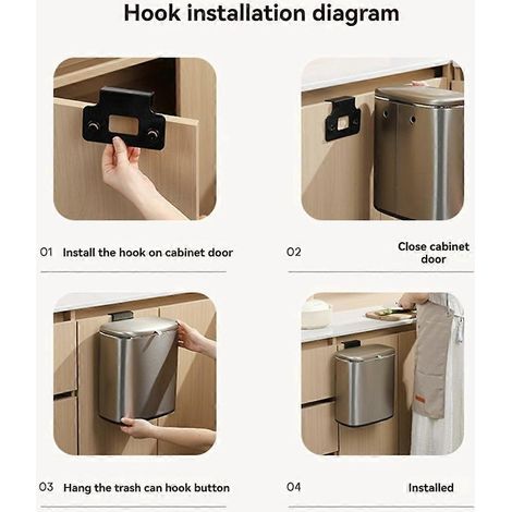 Poubelle suspendue 8L pour porte de placard de cuisine avec couvercle, gris clair. (1/5)