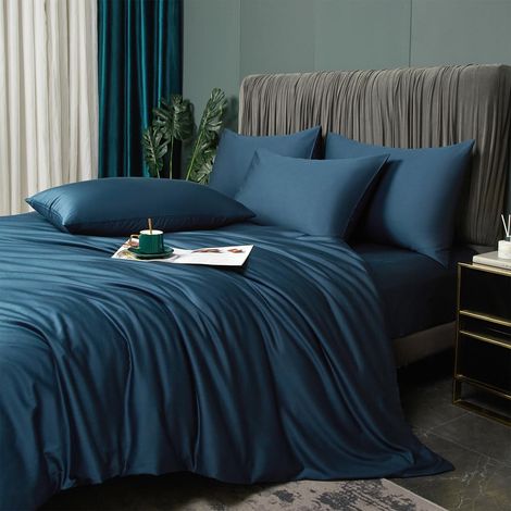 Parure de lit en bambou 135 x 200 cm - Bleu pétrole - Pour été et hiver - Rafraîchissante - Fibres de bambou Lyocell brillantes - 2 pièces - Respirant - Housse de couette 135 x 200 cm - Lit (1/5)