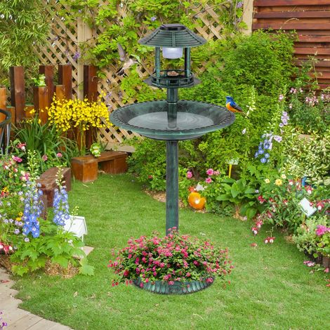 Bain d'Oiseaux Solaire d'Extérieur Éclairé Nourrisseur d'Oiseaux 3 en 1 avec Base de Jardinière Lampe Solaire 51 x 51 x 107 cm Vert (1/5)