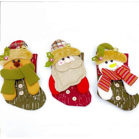 Lot de 3 chaussettes de Noël en tissu, sacs cadeaux Père Noël, bonhomme de neige et renne, pendentifs muraux à bonbons (1/5)