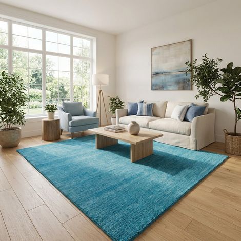 Tapis Gabbeh tissé Tapis Uni - Tapis en laine  - 150x150cm, Square - 100% Laine vierge - Tissé main - Turquoise