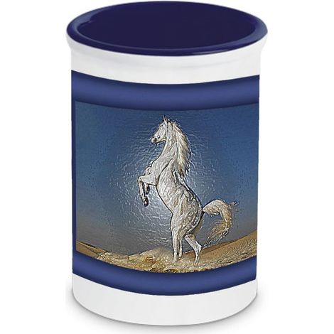 Pot à stylos en céramique Cheval fond bleu