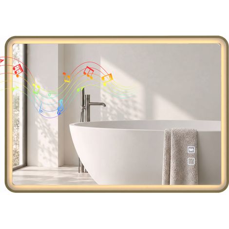 HOMCOM LED Bathroom Mirror, 100x70cm Rectangle Bathroom Mirror, Gold Tone (1/5)