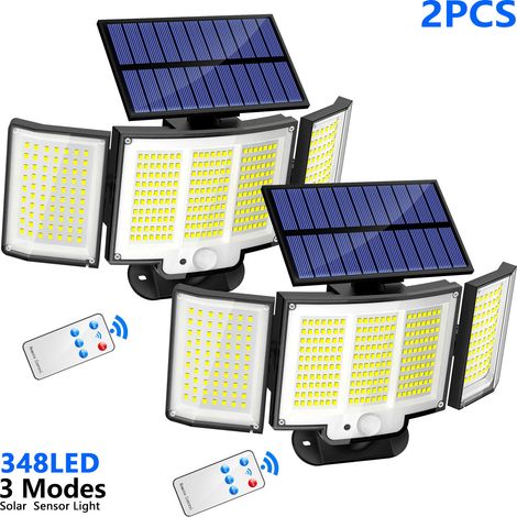 Dreiflammige Solar-Wandleuchte mit Fernbedienung und Bewegungsmelder (348 LEDs), ideal für Terrassen, Balkone und Innenhöfe. Auch geeignet für Gärten, Garagen, Terrassen und Einfahrten. 2er-Pack.