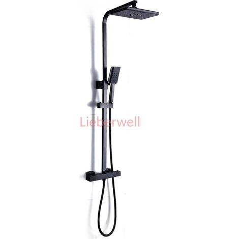 Système de douche thermostatique, mitigeur de douche noir en acier inoxydable, pommeau de douche, douche pluie, douchette à main réglable, douche complète. (1/5)
