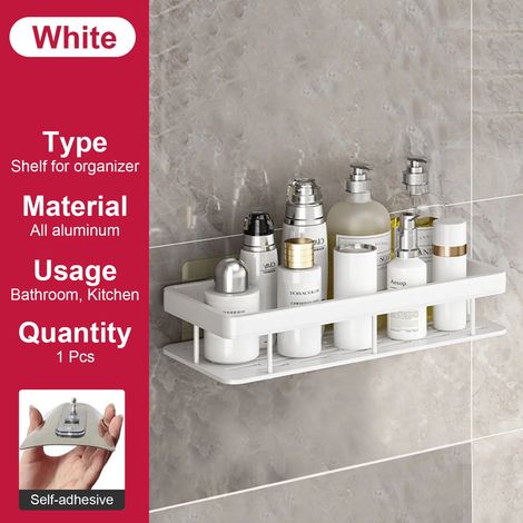 Étagère de salle de bain (blanche) sans perçage, fixation murale, porte-bouteilles de shampoing, étagère d'angle de douche, étagère de rangement pour toilettes, accessoires de salle de bain et de cuis (1/5)