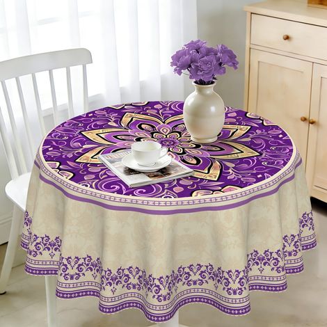 Nappe ronde, 140 cm, résistante aux intempéries, lavable, en polyester violet, motif mandala, pour extérieur, jardin, cuisine, salle à manger, balcon, pour 4 à 6 personnes, imperméable et longue durée (1/5)