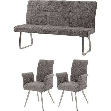 Esszimmer-Set HHG-219, 2er-Set Stuhl mit Armlehne+Sitzbank 160cm, Edelstahl gebürstet Stoff/Textil Chenille dunkelgrau