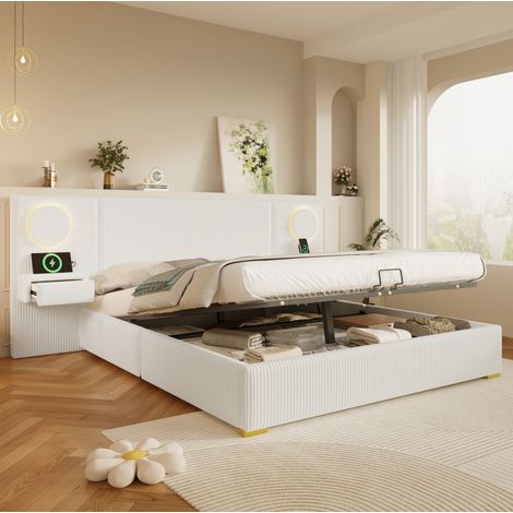 Cama con arcón 180x200 cm con LED, puertos USB y almacenamiento hidráulico, cabecero acolchado, terciopelo - beige (1/5)