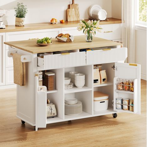 Isla de cocina 143x45x89.5 cm, encimera abatible, 2 cajones y 2 puertas, MDF blanco y natural (1/5)
