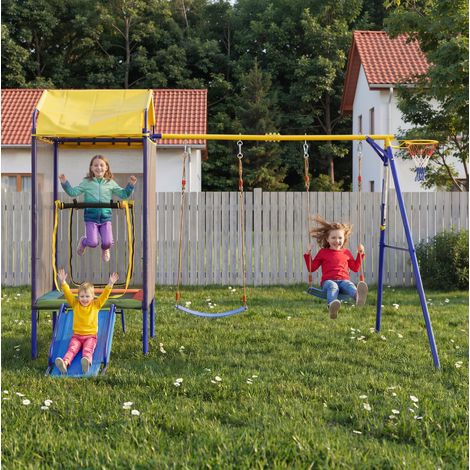 Parque infantil exterior 4 en 1 con trampolín 336x217x238 cm, multicolor, FloraGrace (1/5)