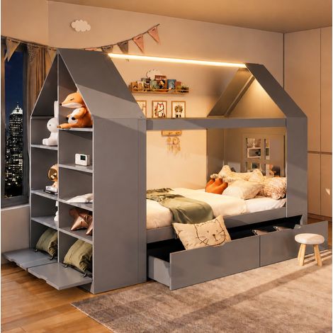 Letto bambino casetta 90 x 200 cm con 2 cassetti e LED, grigio DESVIAE (1/5)