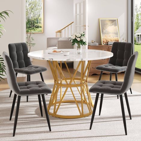 Table à manger ronde 100 cm avec 4 chaises, plateau mdf effet marbre, pieds en métal, chaises en velours gris (1/5)