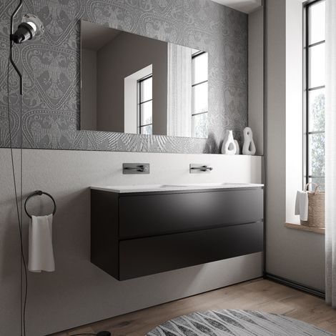BERNSTEIN - Grand meuble vasque de salle de bain MDF Noir mat avec lavabo fonte minérale Blanc mat - 120x45,6x50cm - AVA CREAM - Noir mat, Blanc mat sans trou pour robinetterie