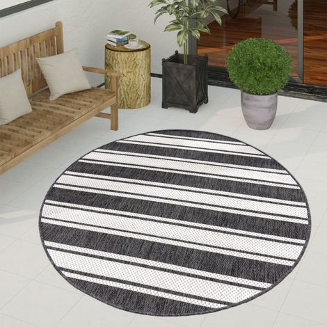 Paco Home Outdoor Teppich Flachgewebe in Sisal-Optik mit Bordüre UV-beständig robust 120 cm Rund, Anthrazit-Weiß