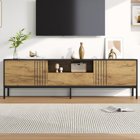 Meuble TV 170 × 35 × 50 cm, avec 2 portes et 1 tiroir, adapté aux téléviseurs de 70 pouces et moins, couleur chêne