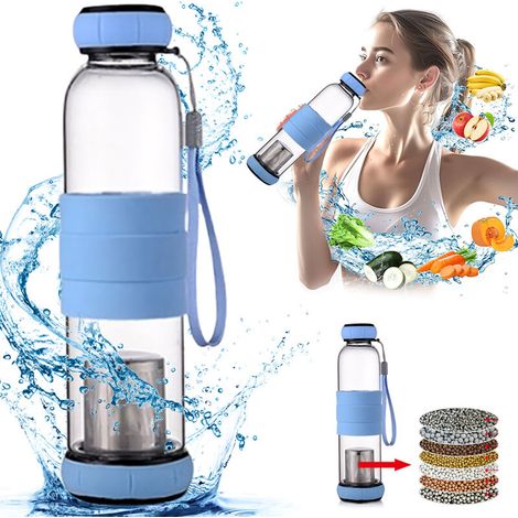 Bouteille d'eau alcaline, filtration en 7 étapes, pH 8-10, technologie térahertz, 550 ml, Pyrex, portable, bleu clair, matériau réutilisable, détoxification, recharge et hydratation (1/5)