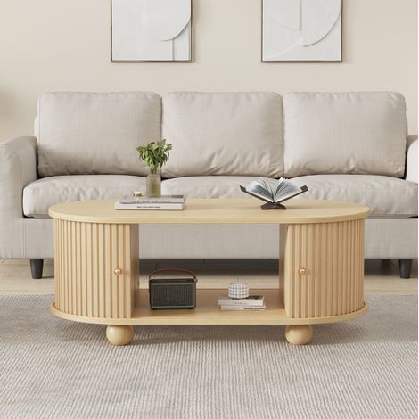 Mesa de centro ovalada 100x50x40 cm color madera MDF con puertas correderas y almacenaje (1/5)