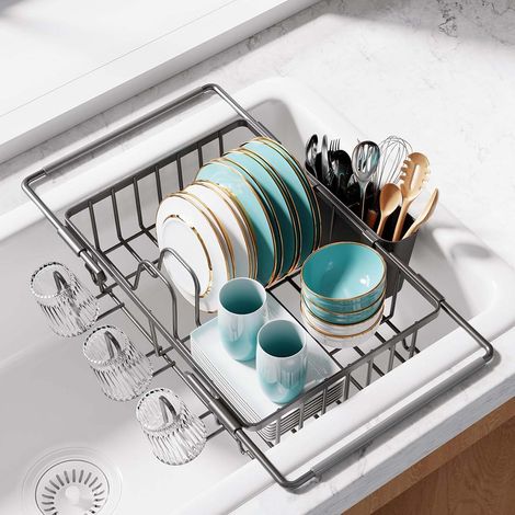 1pc Égouttoir Vaisselle Gris Organisation Évier Pratique, Égouttoir de Comptoir avec Support Couverts et Ustensiles, pour Cuisine Inox (1/5)