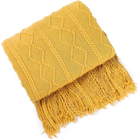 couverture De Canap Toute L'anne - Jaune 130  230 Cm Couverture Tricote Couverture  Pompons Couvre-lit  Chevrons Couverture Super Douce Couvre-li