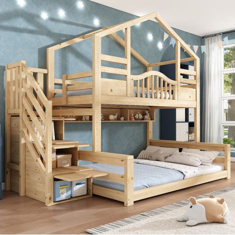 Lit superposé 90/140x200 cm aspect bois naturel avec escalier rangement et étagères, style cabane (1/5)