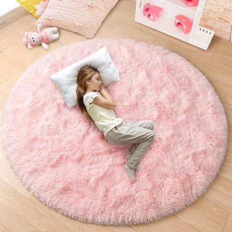 Tapis rond enfant - Rose - 120x120 cm - Doux et moelleux - Motif château de princesse - Dessous antidérapant (1/5)