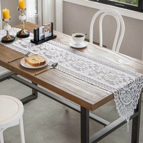 Camino de mesa, 33 x 183 cm camino de mesa blanco bordado con borlas de encaje, ideal para la decoración de mesas. (1/5)